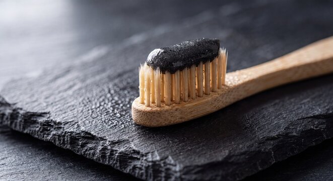 Close-up of a wet bamboo toothbrush with activated charcoal toothpaste and water droplets, resting on a textured dark slate surface. Sustainable oral care.