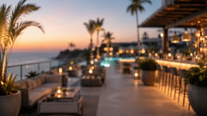 Obraz premium Luxury rooftop bar lounge sunset ocean view resort terrace lifestyle travel tropical evening bokeh background blurred hospitality leisure nightlife