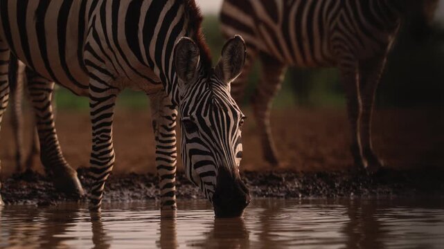 Close Up Zebra Drinking Water at Watering Hole, African Wildlife Safari Animals in Africa in the wild in natural habitat at Waterhole, Low Angle Eye Level Shot.