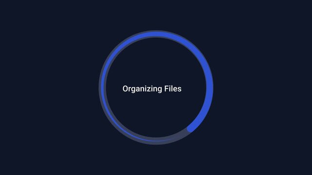 Minimal animated circular progress ring displaying file organizing status on a dark background. Modern motion graphic for file management, organization, workflow, and technology interfaces.