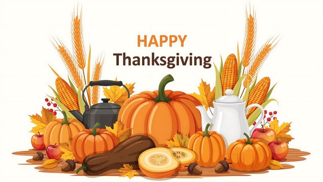 Thanksgiving harvest arrangement with pumpkins corn wheat and autumnal leaves in a vector illustration autumn fall gourds squash