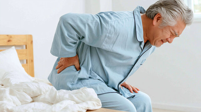 Elderly Man Experiencing Back Pain: An elderly man in pajamas sits on the edge of his bed, grimacing in pain and clutching his lower back, symbolizing discomfort and health issues.
