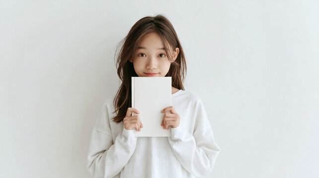 A young Asian girl stands against a white wall while holding a blank white book in front of her face and looking at the camera