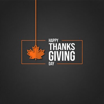 Thanksgiving day greeting with an orange maple leaf and rectangular frame on a dark gray background autumn fall