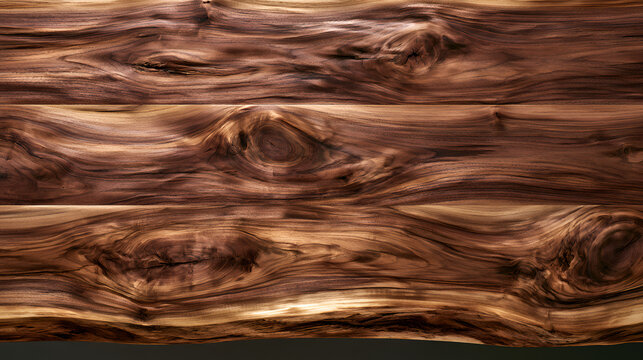 Natural dark walnut wood grain texture showing swirling patterns and knots, creating a rich brown wooden surface panel background, a raw organic material backdrop for design concepts