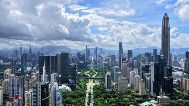 Aerial footage of Ping An Finance Center above cloud sea in Shenzhen
Panoramic drone view of Shenzhen urban skyline and Wutong Mountain