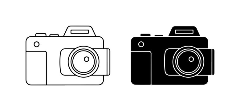 Camera Icons: Line Art and Silhouette, Digital Photography Equipment Vector Graphics