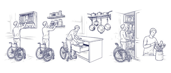 Obraz premium Wheelchair user accessible kitchen illustration set showing a disabled man reaching for cabinets, pantry shelves, and drawers in an inclusive, adaptive home environment designed for independent living