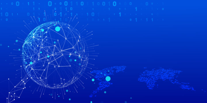 Blue digital globe network with connections and binary code 0s, 1s, representing global data, communication, and technological innovation on a world map background.