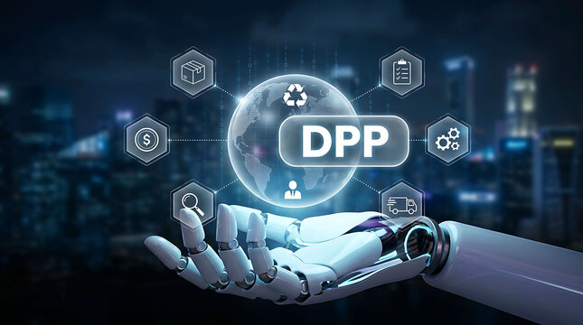 Robotic hand holding digital product passport DPP globe icon on city background