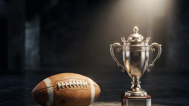 A rugby ball sits next to a shining trophy in a dark space. The focus is on the trophy which shows the hard work of the team. This moment captures the spirit of competition