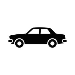 Fototapeta premium Black silhouette icon of a classic four-door sedan car shown from a side profile view. Minimalist automotive vector graphic isolated on a plain white background for design projects.