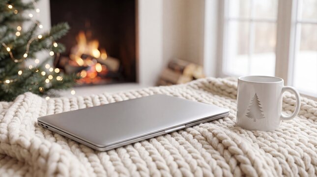 Cozy living room with fireplace and Christmas tree, laptop and mug on blanket.