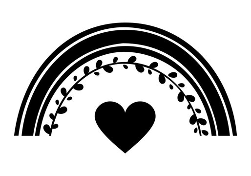 Black rainbow with heart and pland element, Minimal valentine rainbow clipart, Love design, Romantic vector illustration