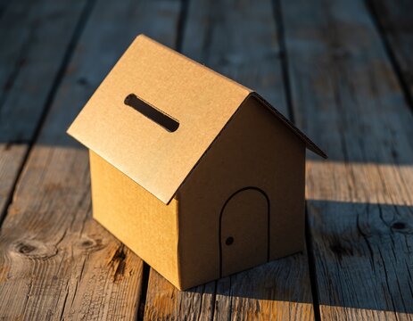 Cardboard house piggy bank on a wooden table