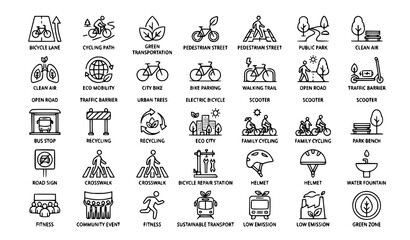 Fototapeta premium Title: 30 Car Free Day Line Icons Collection with Bicycle Lane Green Mobility and Sustainable Urban Transportation Vector
