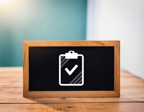 Clipboard with check mark icon on a wooden framed chalkboard on a wooden table