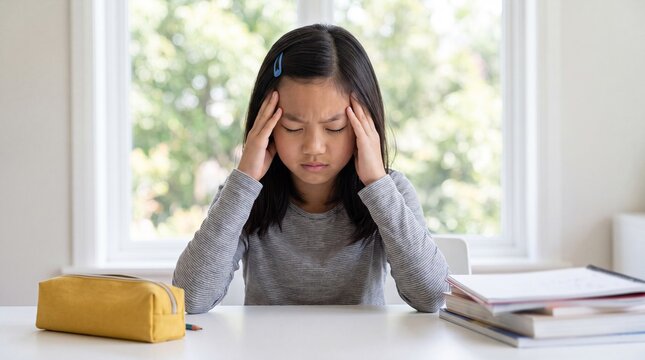 Young girl with black hair sitting at a table, holding her head in frustration, surrounded by books and a pencil case in a bright room