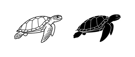 Sea Turtle Vector Icon Set, Marine Life Line Art, Black Silhouette Ocean Animal Graphic © Emon