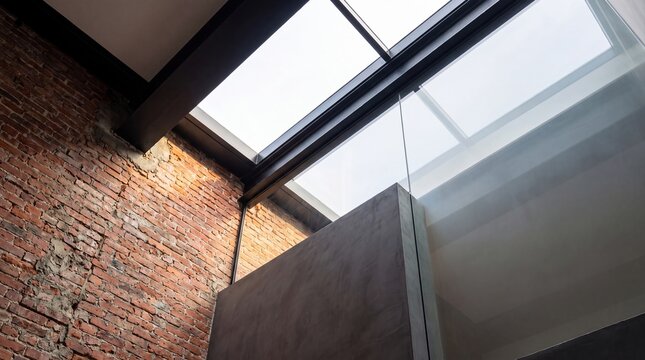 Interior design featuring exposed red brick wall beside sleek grey concrete wall and glass ceiling.
