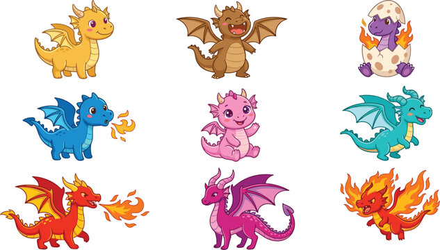 Cute Fantasy Dragon Character Set with Colorful Baby Dragons in Different Poses, Magical Creatures Cartoon Vector Illustration Collection