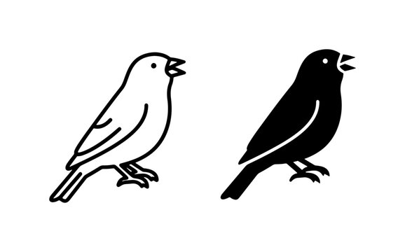 Singing bird icon set, black and white vector illustration, minimalist animal symbol for web design