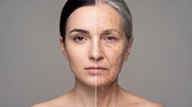 Split face portrait showing young woman on one side and elderly woman on the other, highlighting the contrast of aging and skin texture