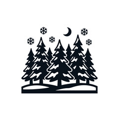 Obraz premium Minimalist black and white winter forest illustration featuring snow-covered evergreen pine trees, a crescent moon, and falling snowflakes on a white background vector graphic icon.