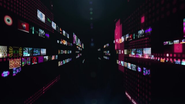 Abstract 3D digital media tunnel streaming video aniamtion of thumbnails in cyber space