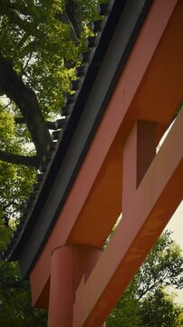 Close-up vertical tilting down shot of a majestic red Torii gate with a dark roof against lush green trees at a Japanese Shinto shrine in summer