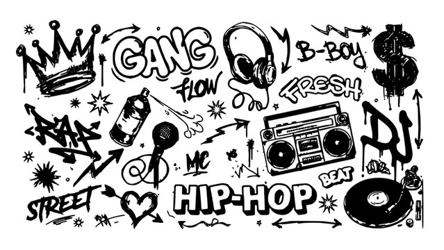 Hip-Hop Graffiti Tags with Street Art Symbols and Music Elements in Black and White Featuring Culture, Urban, Design