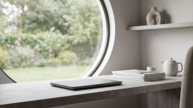 Modern minimalist home office with circular window overlooking lush green garden and concrete desk top.