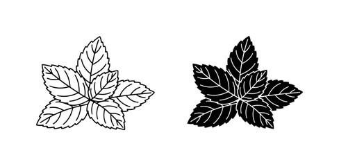 Mint Leaves Vector Icons, Fresh Herb Sprigs, Outline and Silhouette Styles © Ripa