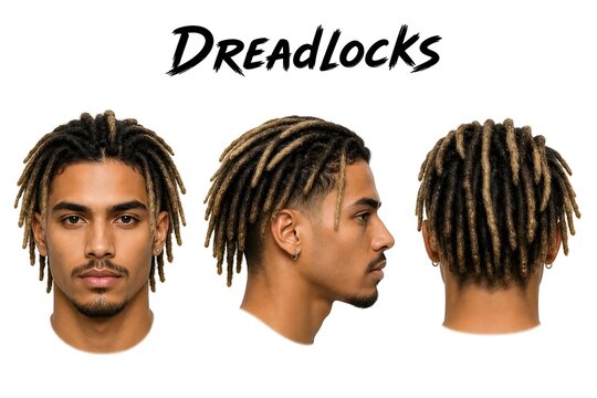 Men dreadlocks hairstyle shown in front, side, and back view angles