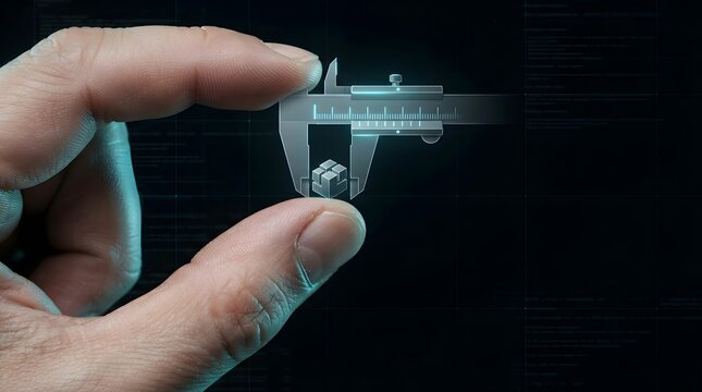 Close-up of fingers adjusting a mechanical caliper on a small metallic component against a dark backdrop.