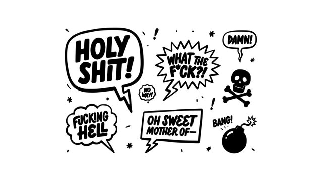 Speech Bubbles with Profanity and Exclamations in Black and White Featuring Illustration, Vector, Graphic with Design and Comic