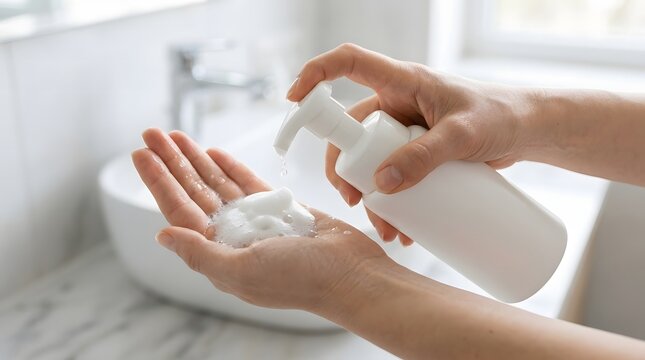 Close Up of Hands Dispensing Foaming Hand Soap in Modern Bathroom