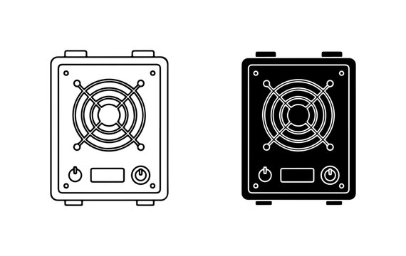 Computer Power Supply Unit Icons, PC Component Vector Graphics, Black and White Technology Symbols