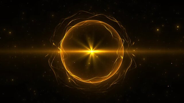 Golden energy orb bright star flare, glowing sphere mesh, subtle particles on black space. luxury logos, cosmic intros, spiritual visuals, futuristic titles, magic overlays, cinematic video loops.