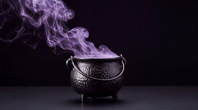 Halloween witch cauldron with purple magical smoke on black background.