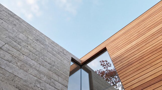 Modern architecture with concrete and wood panels and glass window reflection.