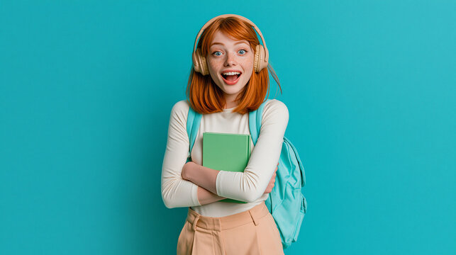 Red-haired student with headphones and backpack, holding a book, with a surprised expression, ready for education