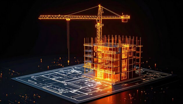 Glowing wireframe building under construction with crane on blueprint, on black background