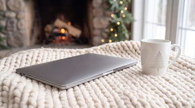 Cozy winter ambiance with a warm fireplace, knitting blanket, and hot beverage.