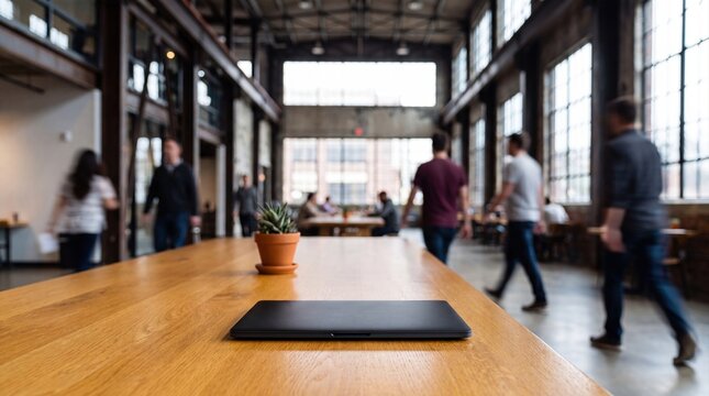 Industrial loft coworking space with people walking and laptop on wooden communal table in foreground.