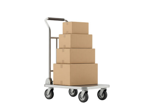 Four stacked cardboard moving boxes on a metal industrial cart with cardboard