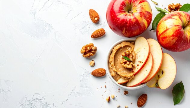 Nutritious Snack Platter with Sliced Red Apples, Creamy Almond Butter, Walnuts, and Almonds on a White Background