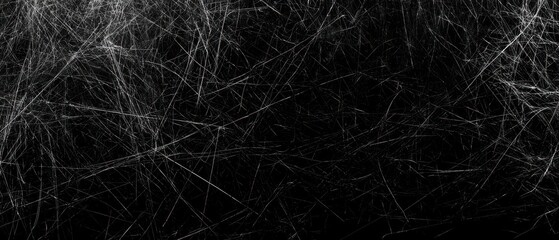 Fototapeta premium Jet black background, dramatic chaotic white scratches, high contrast grunge overlay