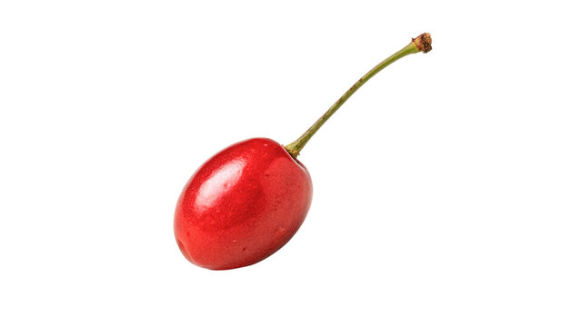 Single beautiful fresh ripe red sweet cherry with stem isolated on transparent background