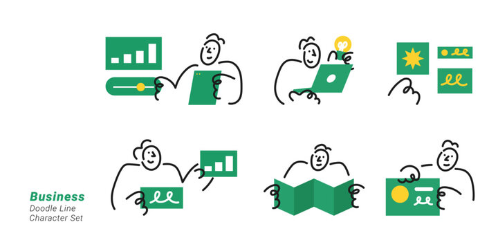 Business. Doodle line character set featuring business people with charts, graphs, documents, maps, presentations, and creative ideas for planning and business growth.